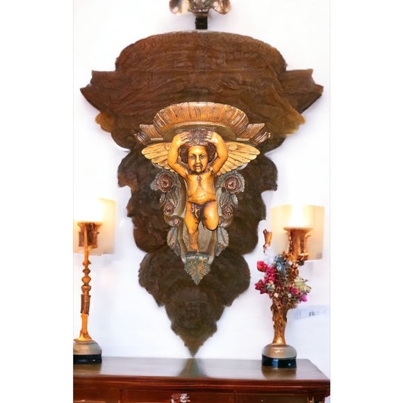 Italian Polvchrome Wooden Wall
Bracket with Carved Cherub Angel Antique RARE - Picture 4 of 7